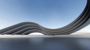 Dalgalar katmanlı katmanlar şeklinde hareketli geleceksel mimari. 3B illüstrasyon oluşturucu