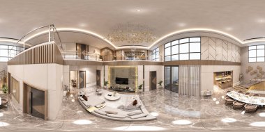 360 derecelik yuvarlak çizim modern lüks tarzda bir evin iç tasarımının kusursuz bir panoramasını içeriyor.