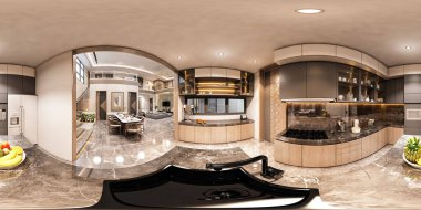 360 derecelik yuvarlak çizim, modern lüks tarzda bir mutfak iç tasarımının kusursuz bir panoramasını içeriyor.