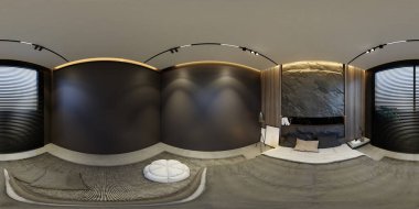 360 derecelik açıyla üç boyutlu çizimler, minimal siyah tonlara sahip modern yatak odaları sergileniyor..