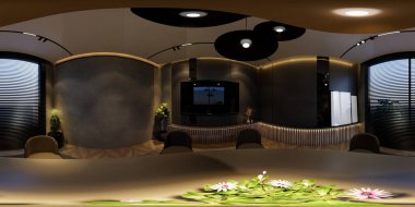 360 derecelik açıyla üç boyutlu çizimler, asgari siyah tonlarla modern yemek odası iç kısımlarını tasvir ediyor.