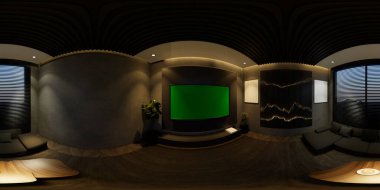 360 derecelik açıyla üç boyutlu çizimler, en az siyah tonla modern oturma odasının içini tasvir ediyor.