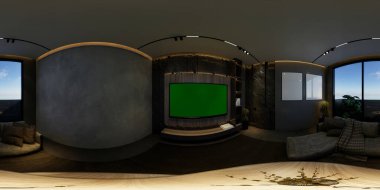 360 derecelik açıyla üç boyutlu çizimler, en az siyah tonla modern oturma odasının içini tasvir ediyor.