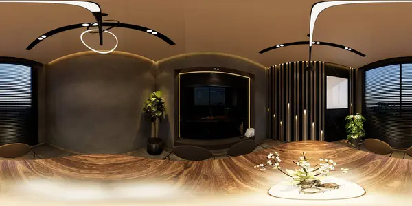 3D illustrations through 360 degree rendering, depict modern dining room interiors with minimal black tones