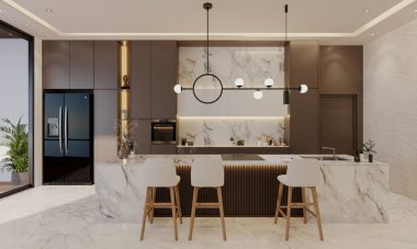 Bej rengi ve ada tablosu olan asgari mutfak, 3D illüstrasyon çizimi