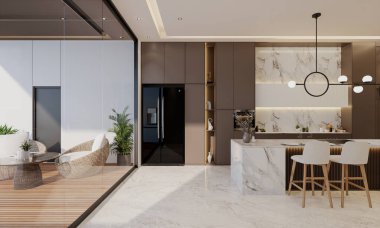 Bej rengi ve ada tablosu olan asgari mutfak, 3D illüstrasyon çizimi