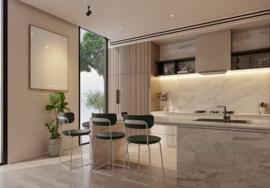 Ada masası, bej rengi ve ahşap kaplama, 3D resimli asgari mutfak.