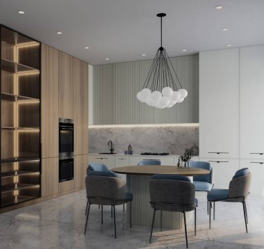 Minimal mutfak mermer ve ahşap, ada masası ve asılı lamba, 3D çizim