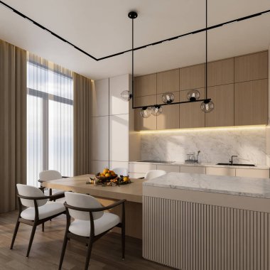Minimal beyaz mutfak, mermer, ahşap ve yemek masası, 3D çizim