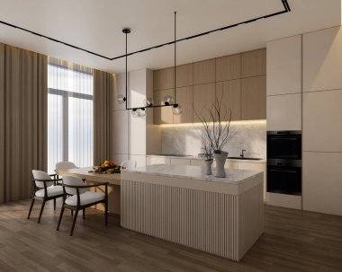 Minimal beyaz mutfak, mermer, ahşap ve yemek masası, 3D çizim