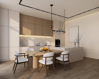 Minimal beyaz mutfak, mermer, ahşap ve yemek masası, 3D çizim