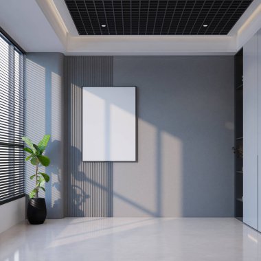 Minimum boş yatak odası iç dekorasyonu tuval modeli, 3D illüstrasyon çizimi