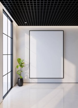 Minimum boş yatak odası iç dekorasyonu tuval modeli, 3D illüstrasyon çizimi