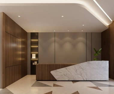 Çağdaş ofis & otel salonu arkaplan modeliyle, 3D illüstrasyon canlandırmasıName
