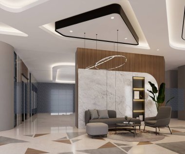 Çağdaş ofis & otel salonu arkaplan modeliyle, 3D illüstrasyon canlandırmasıName