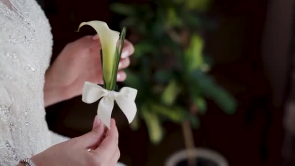 Portrait Belle Mariée Souriante Reniflant Kala Fleur Regarder Fenêtre Des — Video