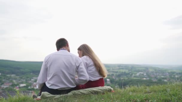 情侣们坐在绿地上互相拥抱着 男人拥抱着她的女朋友 亲吻她的额头 后视镜拍摄 优质Fullhd影片 — 图库视频影像