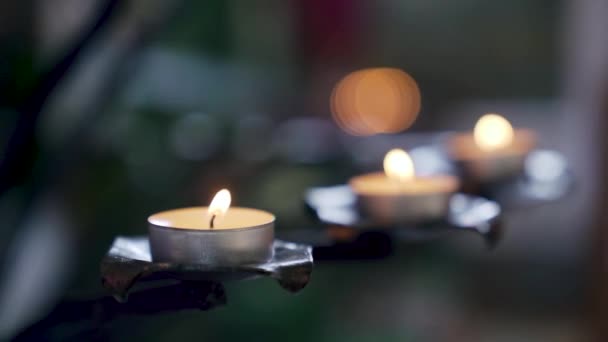 Many Tea Lights Candles Burning Christian Church Chapel Close Shot — Vídeo de stock