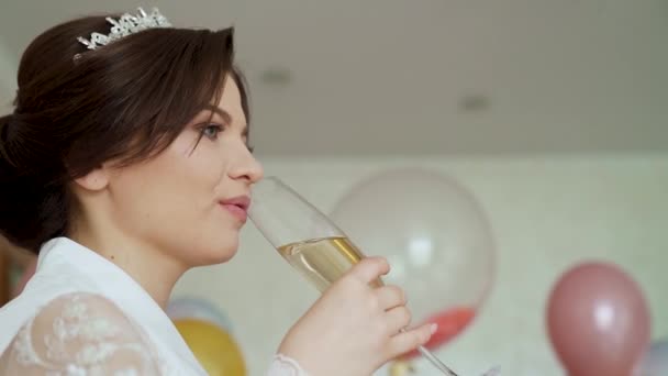 Bride White Boudoir Dress Sill Drinking Champagne Wedding Morning Preparations — ストック動画