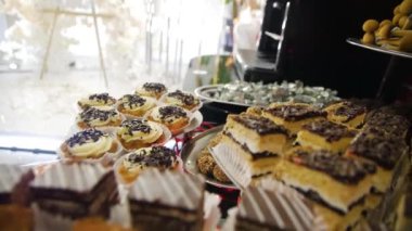 Close up view of Candy Bar Wedding, candy buffet at a wedding move camera. High quality FullHD footage