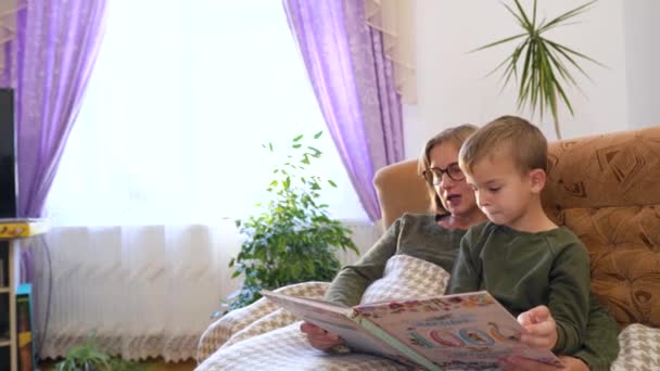 Бабуся Читає Книжку Своєму Онуку Сидячи Дивані Високоякісні Кадри — стокове відео