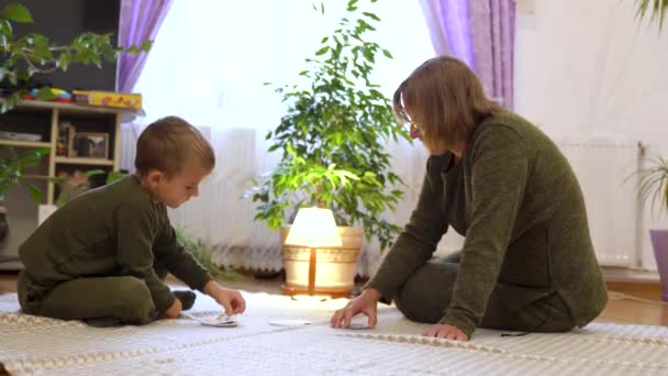 Little Fun Boy Grandson Sitting Floor His Grandmother Plays Her — Stock Video