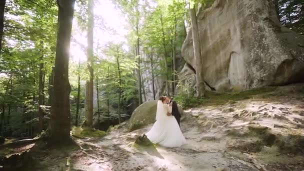 Majestueus Uitzicht Rotsberg Prachtige Pasgetrouwden Die Elkaar Benaderen Het Paar — Stockvideo