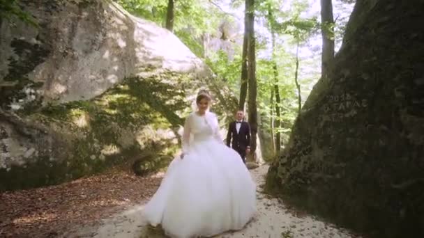 Dağlarda Genç Bir Çift Kayaların Arasında Yürüyen Yeni Evliler Ağır — Stok video