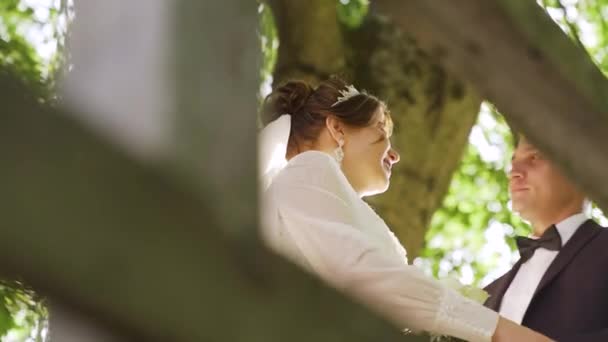 Lovely Wedding Couple Forest Bride Kisses Groom Slow Motion High — Video Stock