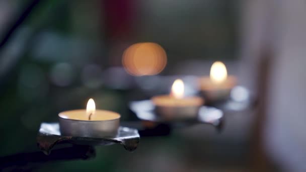 Many Tea Lights Candles Burning Christian Church Chapel Close Shot — Video Stock