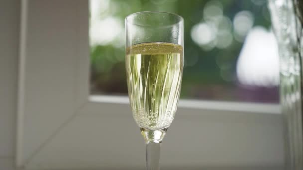 Zlaté Snubní Prsteny Padají Sklenice Šampaňského Zpomal Vysoce Kvalitní Fullhd — Stock video