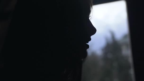 Silhouette Une Femme Dans Une Pièce Sombre Elle Chante Près — Video
