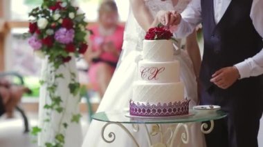 The bride and groom cut the wedding cake. Wedding cake with sparklers. Detail of wedding cake cutting by newlyweds. Cut the wedding cake. High quality FullHD footage