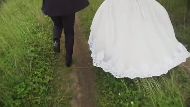 Brud Och Brudgum Par Som Löper Genom Gräsplan Slow Motion — Stockvideo