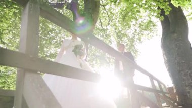 Lovely wedding couple in the forest. The bride kisses the groom. Slow motion. High quality FullHD footage