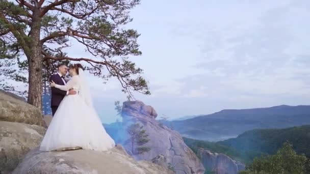 Majestic View Rock Mountain Beautyiful Newlyweds Who Approach Each Other — Video Stock