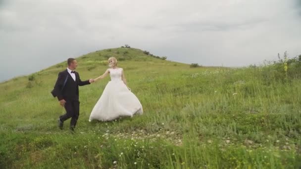 Happy Young Couple Holding Hands Run Wide Field Having Fun — Video