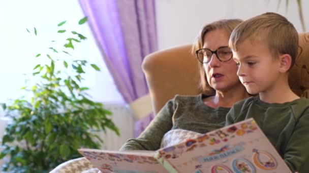 Бабуся Читає Книжку Своєму Онуку Сидячи Дивані Високоякісні Кадри — стокове відео