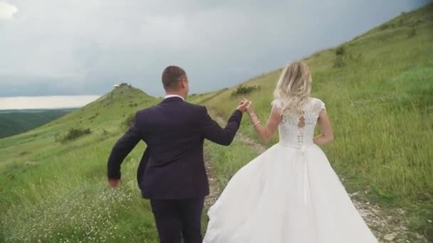 Bride Groom Couple Running Grass Field Slow Motion Cloudy Day — Stockvideo