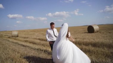 Mutlu yeni evliler el ele tutuşuyorlar ve bahar buğday tarlasında yürüyorlar. Yavaş çekimde. Yüksek kaliteli FullHD görüntüler