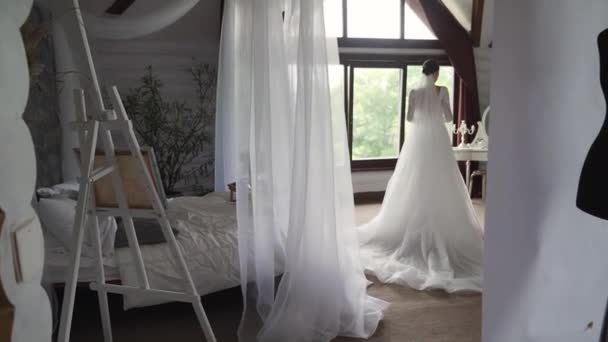 Bruid Wacht Bruidegom Huwelijksdag Eerste Blik Fotostudio Hoge Kwaliteit Fullhd — Stockvideo