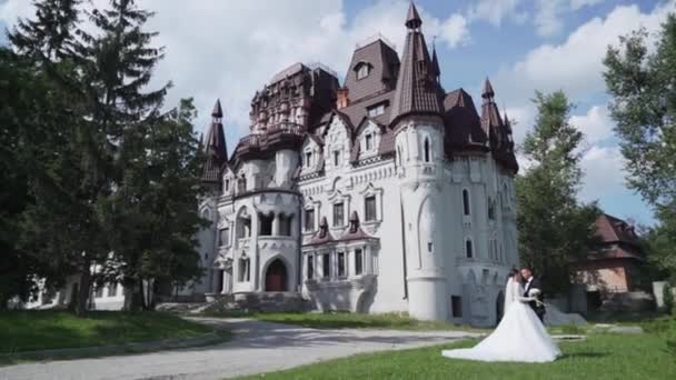 新婚夫妇的肖像 可爱的白种人新娘新郎在旧城堡附近散步拥抱 幸福的新婚夫妇家庭 男人恋爱中的女人穿婚纱的新娘优质Fullhd — 图库视频影像