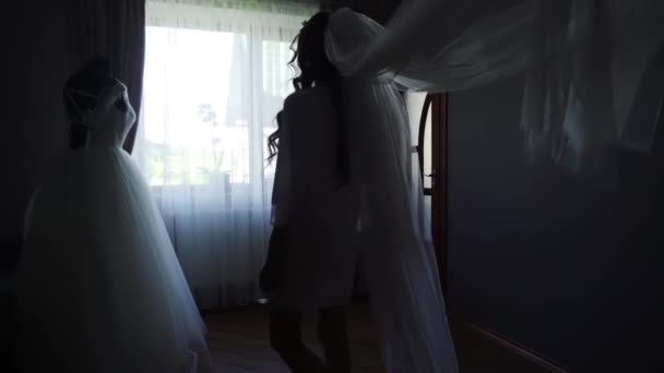 Bride White Boudoir Dress Goes Her Dress Window Veil Slow — Stock Video