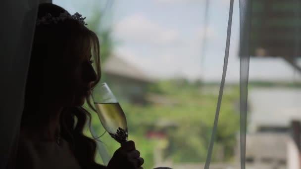 Dziewczyna Siedzi Parapecie Przy Oknie Pije Wino Szklanki Wysokiej Jakości — Wideo stockowe
