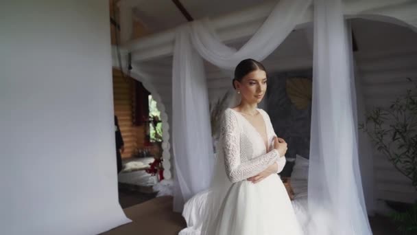 Nevěsta Čeká Ženicha Svatební Den První Pohled Fotoateliéru Vysoce Kvalitní — Stock video