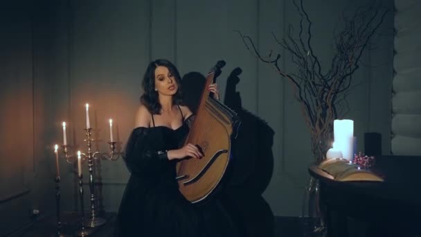 Junge Schöne Frau Spielt Auf Ukrainischem Musikinstrument Bandura Dunklen Raum — Stockvideo