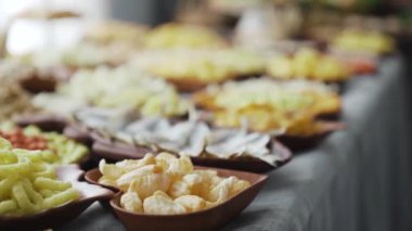 Close up view of Candy Bar Wedding, candy buffet at a wedding move camera. High quality FullHD footage