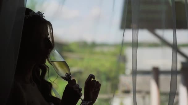 女孩坐在窗边的窗台上 用杯子喝酒 优质Fullhd影片 — 图库视频影像