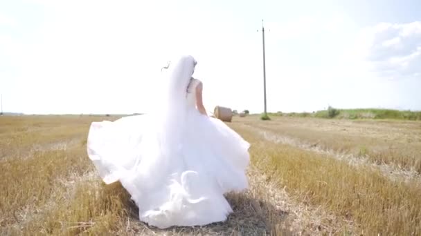 白いドレスを着た幸せな若い女性が小麦で畑を走っています 壮大な風景 スローモーションだ 高品質のフルHd映像 — ストック動画