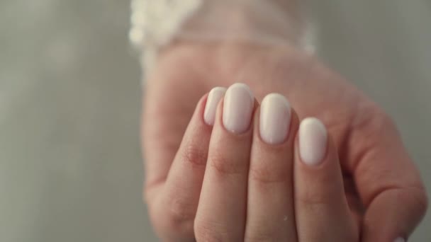 Slow Motion Shot Bride Wedding Dress Holding Rings Hands Closeup — Stock Video